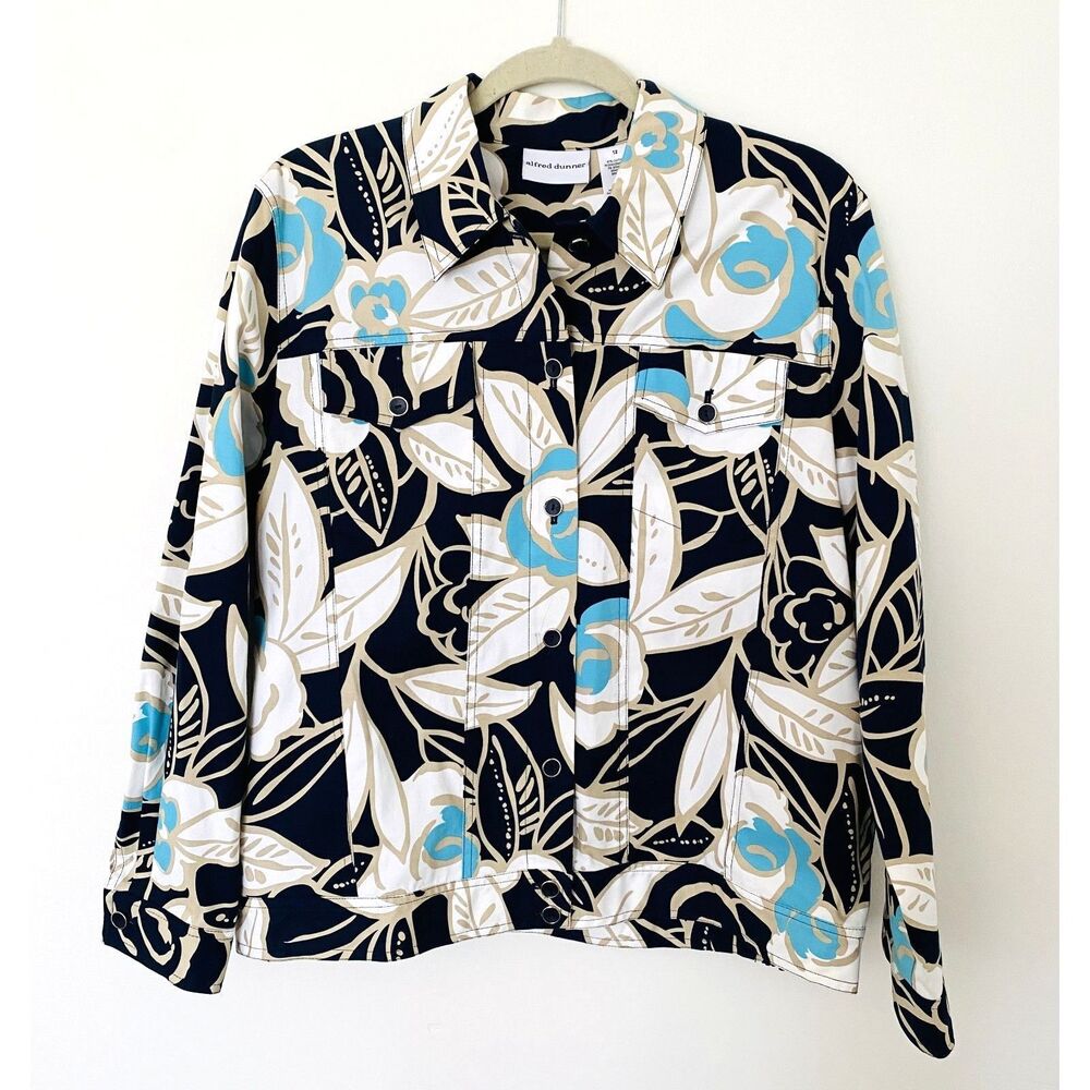 Alfred Dunner Floral Blazer Buttons Cotton Blend Stretch Jacket -Light Stain 12